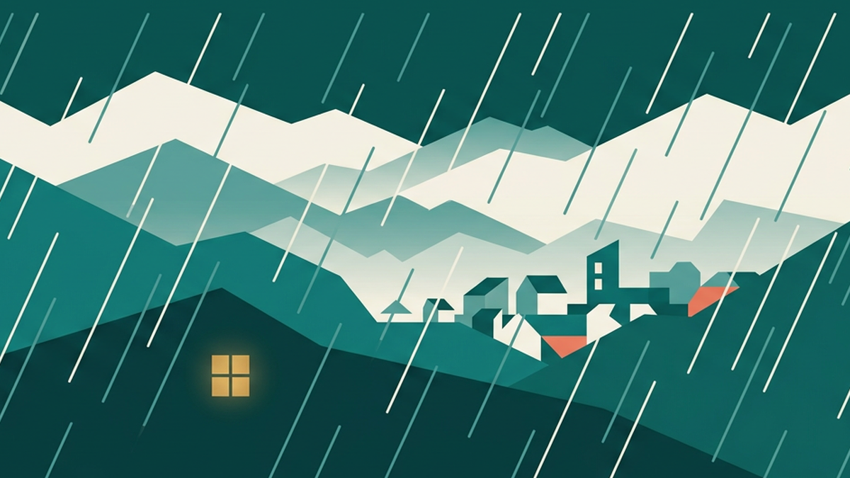 Abstract illustration of rain over a mountain silhouette and a lit window, in deep teal and gold