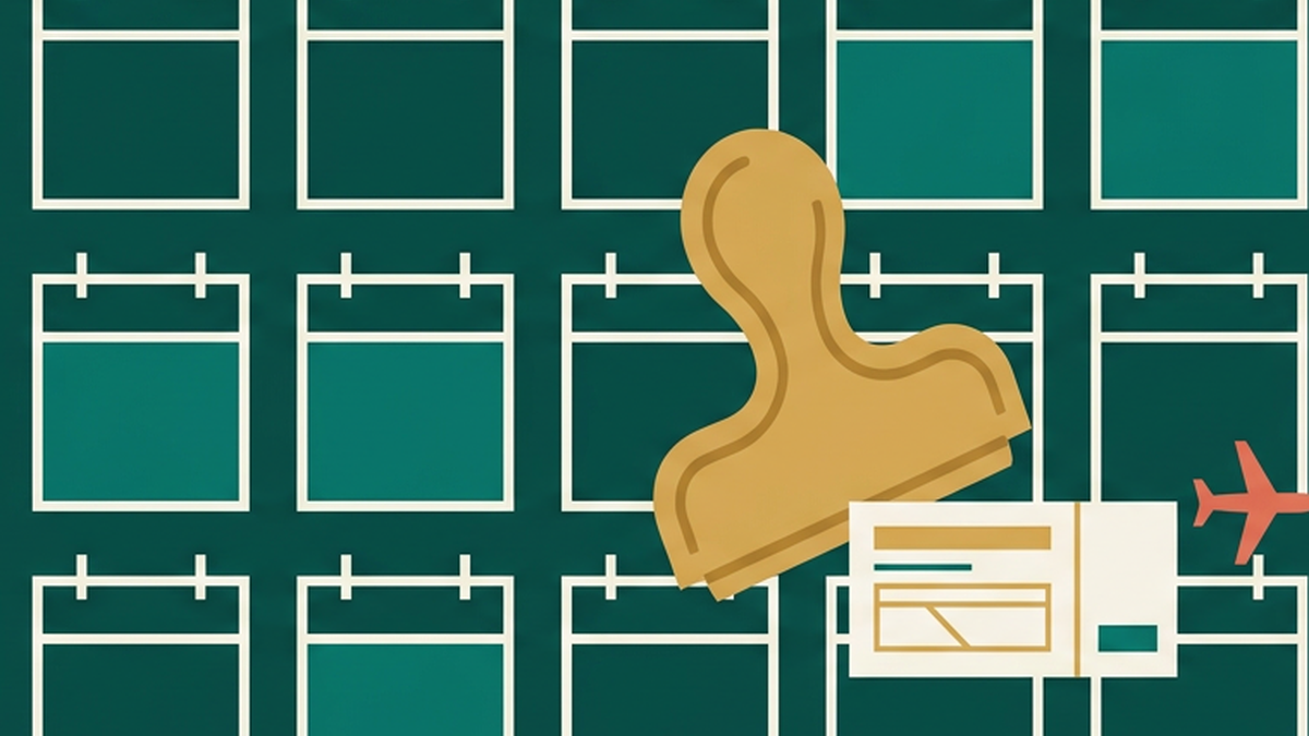 Abstract illustration of a five-year calendar and a boarding pass crossing over a map, in deep teal and gold