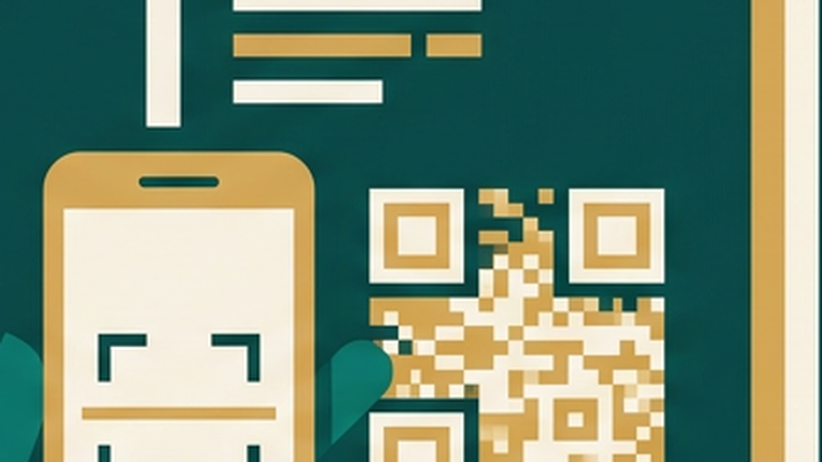 Abstract illustration of a mobile phone scanning a QR code at a doorway, in deep teal and gold