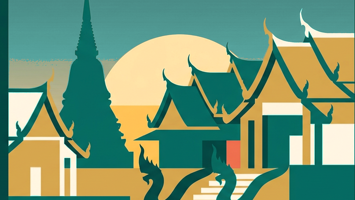 Abstract illustration of temple spires in silhouette against a deep teal sky with gold detailing