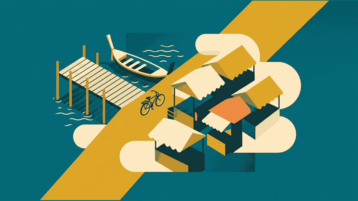 Flat illustration of a wooden pier over water, a longtail boat, a bicycle and market stalls, deep teal and gold