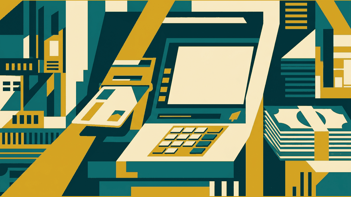 Flat illustration of a bank card, an ATM machine, a keypad and a stack of banknotes, deep teal and gold