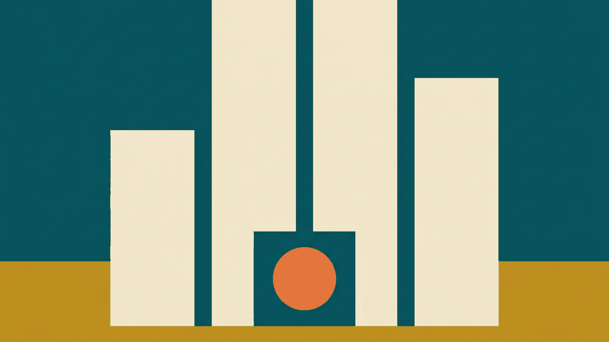 Flat illustration of red brick temple ruins with a headless Buddha statue in grass under a big sky, deep teal and gold