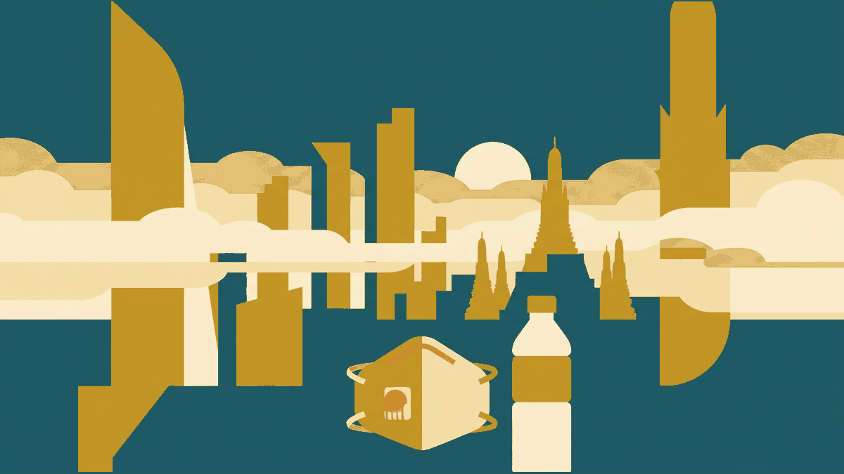 Flat illustration of a city skyline behind a haze layer with a face mask shape and a sun, deep teal and gold