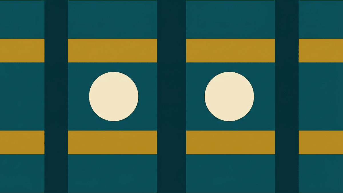 Flat illustration of elevated train tracks crossing over a city skyline with ticket cards below, deep teal and gold