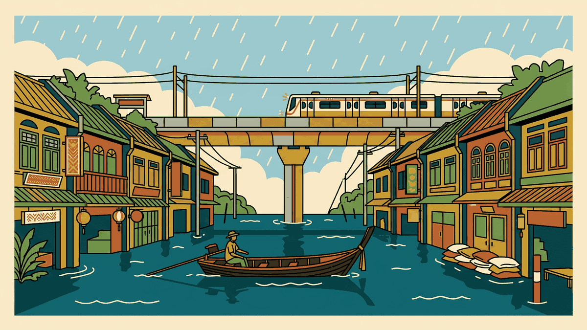 Flat geometric illustration of a flooded Bangkok street with a raised Skytrain track above the water, a longtail boat, sandbags and rain over low-rise buildings, deep teal, mustard and cream