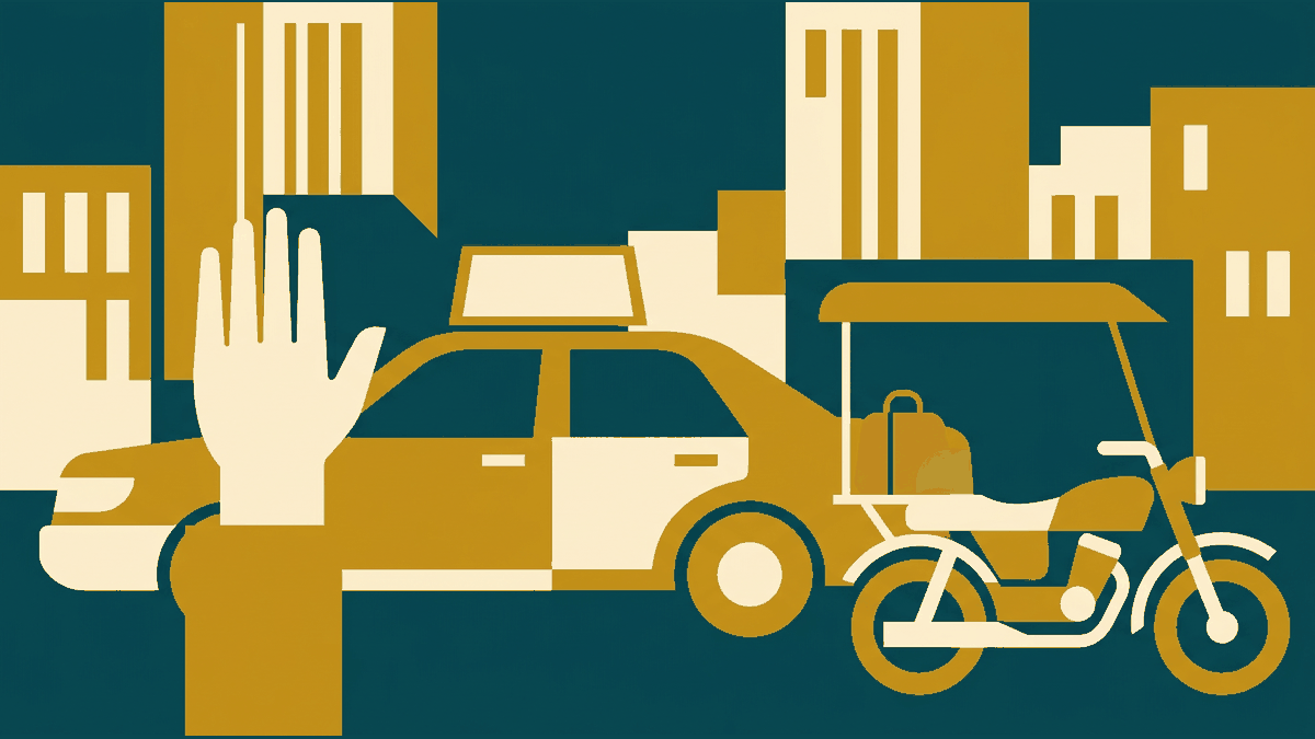 Flat illustration of a taxi roof sign, a motorcycle taxi and a hand raised hailing a ride, deep teal and gold
