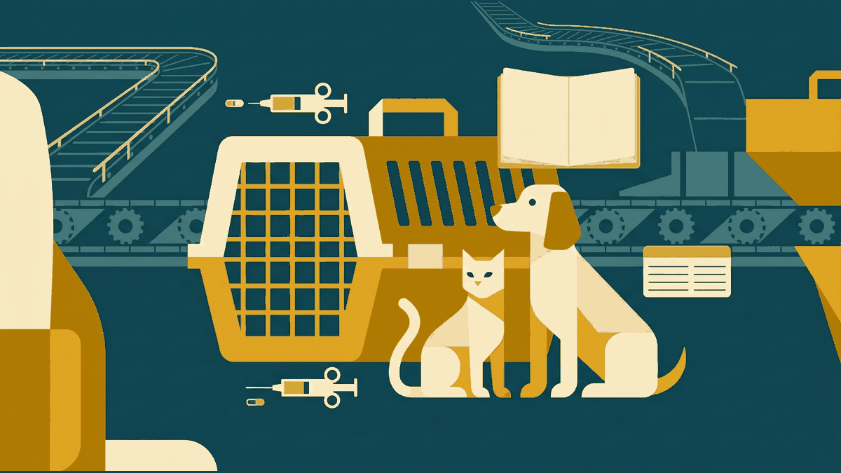 Flat illustration of a cat and dog carrier, a microchip syringe shape and a passport, deep teal and gold