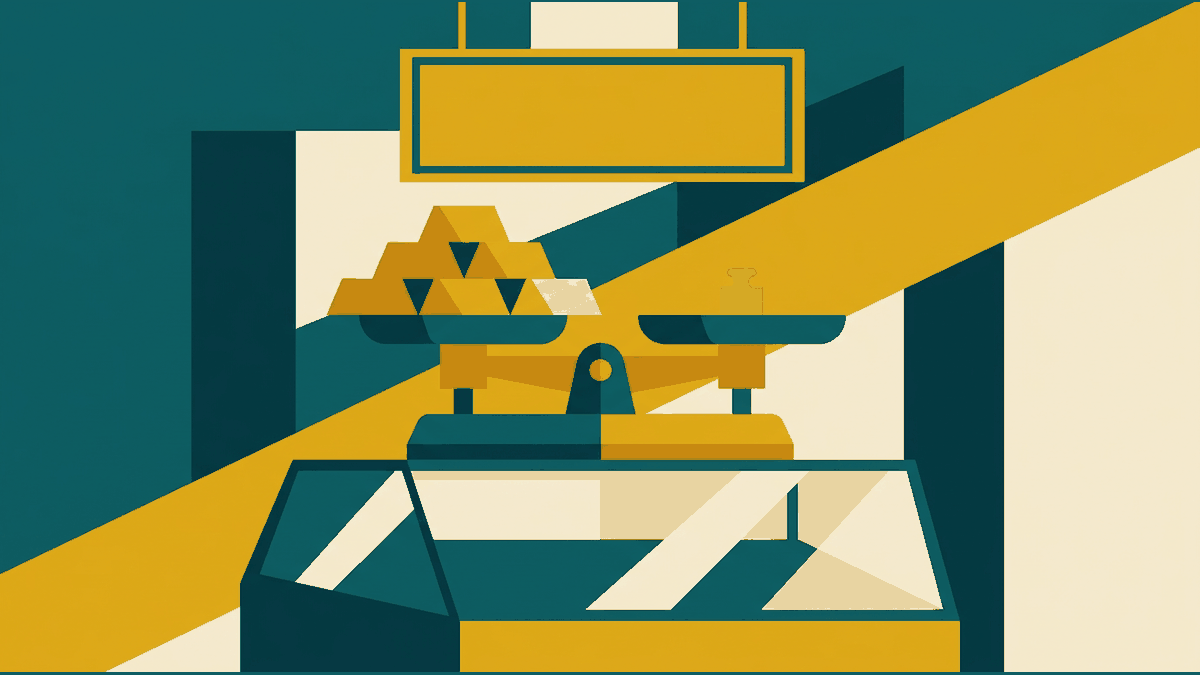 Flat illustration of gold bars, a jeweller's scale, a price board and a display case, deep teal and gold