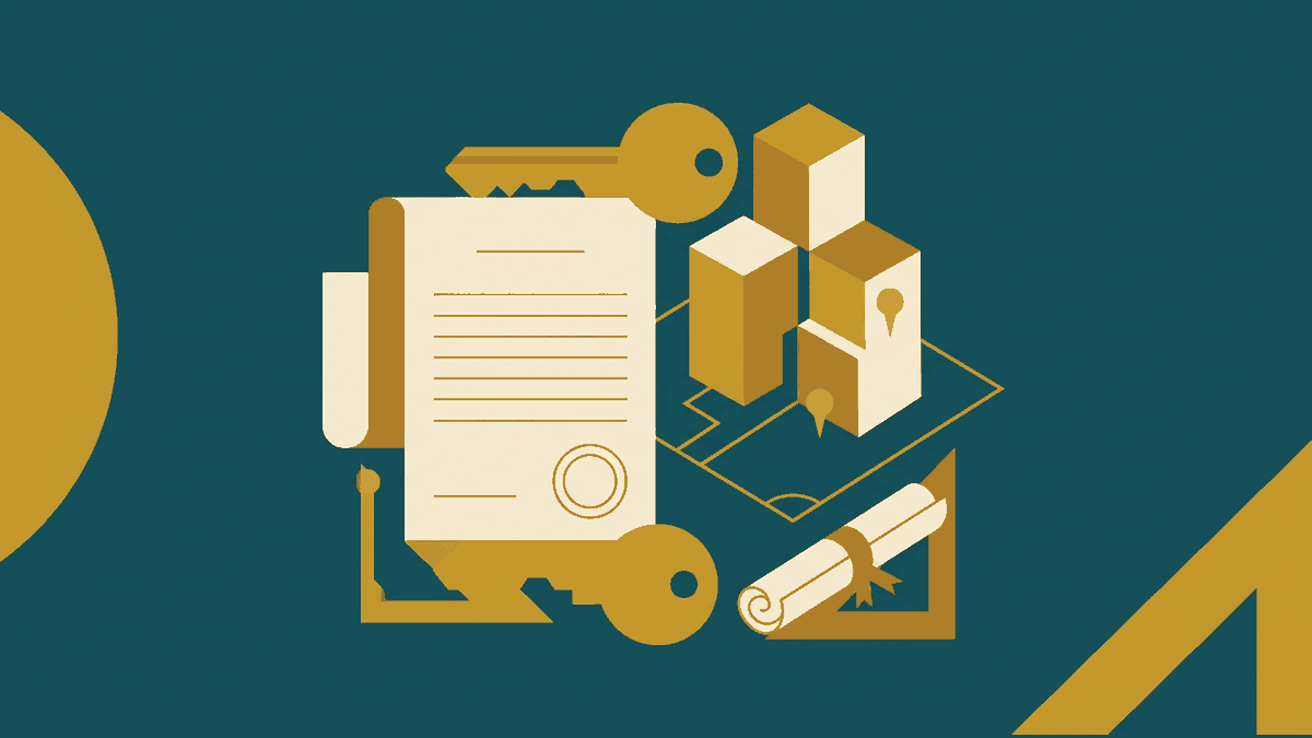 Flat illustration of a land title deed, a key and building blocks on a plot, deep teal and gold