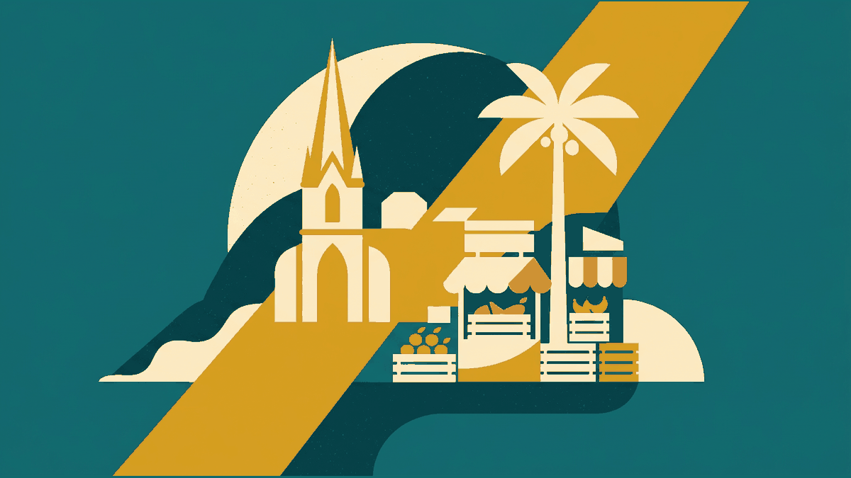 Flat illustration of a moon hill, a riverside cathedral spire, a produce market and a palm, deep teal and gold