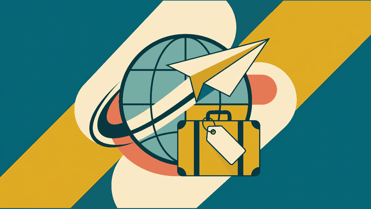 Flat illustration of a paper plane, a boarding pass, a globe grid and a suitcase, deep teal and gold
