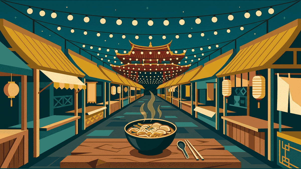 Flat geometric illustration of a covered night market lane with food stalls, string lights, a noodle bowl and a stall roof, deep teal, mustard and warm cream