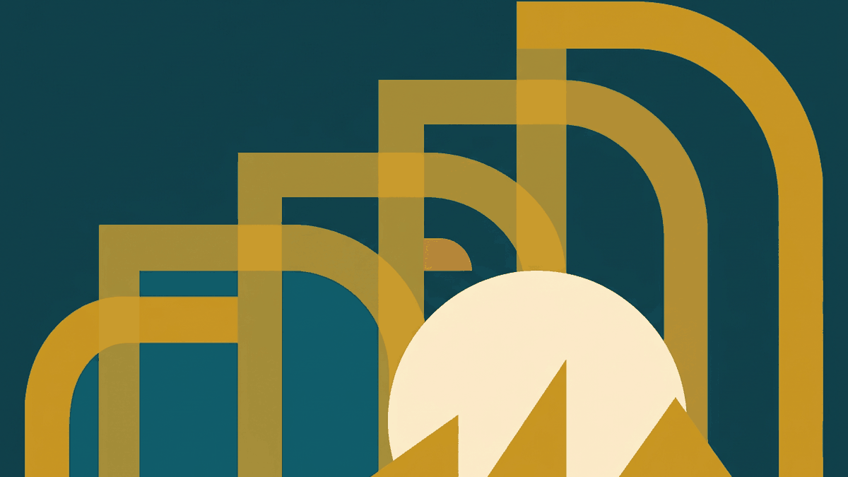 Flat illustration of a hazy Chiang Mai skyline with a temple spire and mountains behind, clearing to clear blue sky, deep teal and gold