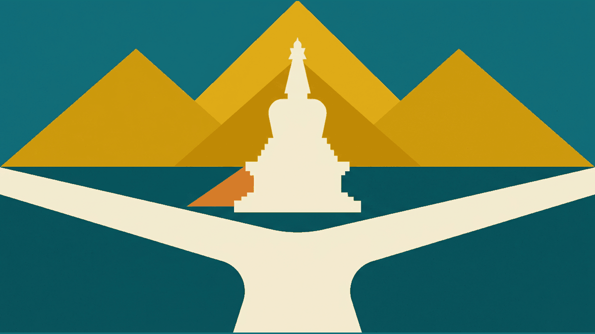 Flat illustration of three rivers converging, a white temple spire and layered mountains, deep teal and gold
