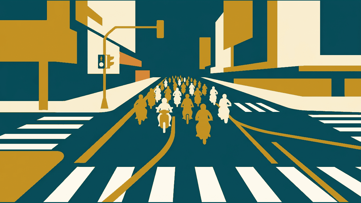 Flat illustration of a road with crossing stripes, a stream of motorbikes and a pedestrian signal, deep teal and gold