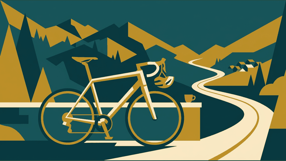 Flat illustration of a road bicycle leaning by a coffee cup with mountain roads behind, deep teal and gold