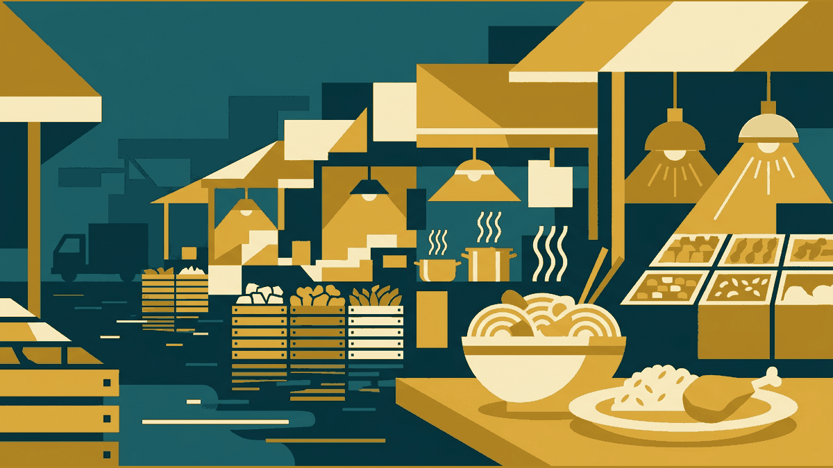 Flat illustration of market food stalls, a noodle bowl, chickens and stacked fruit crates, deep teal and gold