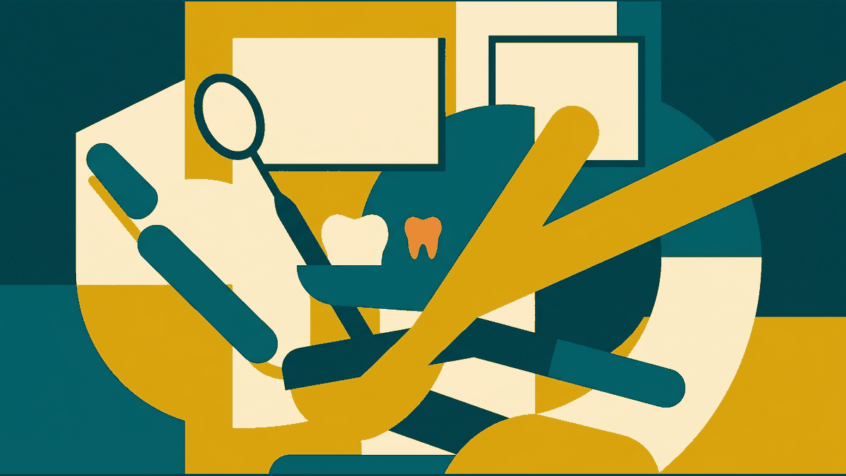 Flat illustration of a dental mirror, a tooth shape, a clinic chair and an x-ray panel, deep teal and gold