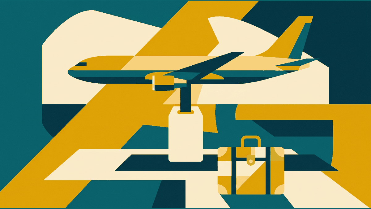 Flat illustration of a passenger aircraft, a boarding pass, a suitcase and a runway, deep teal and gold