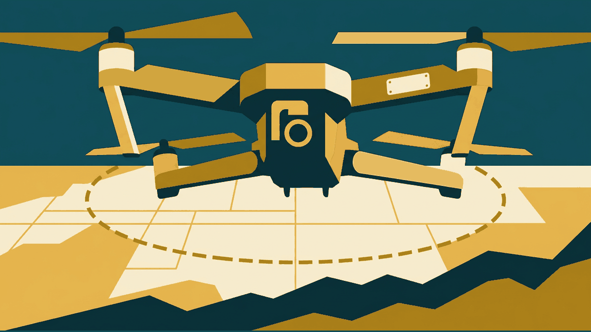 Flat illustration of a camera drone in flight, registration tags and a map grid, deep teal and gold