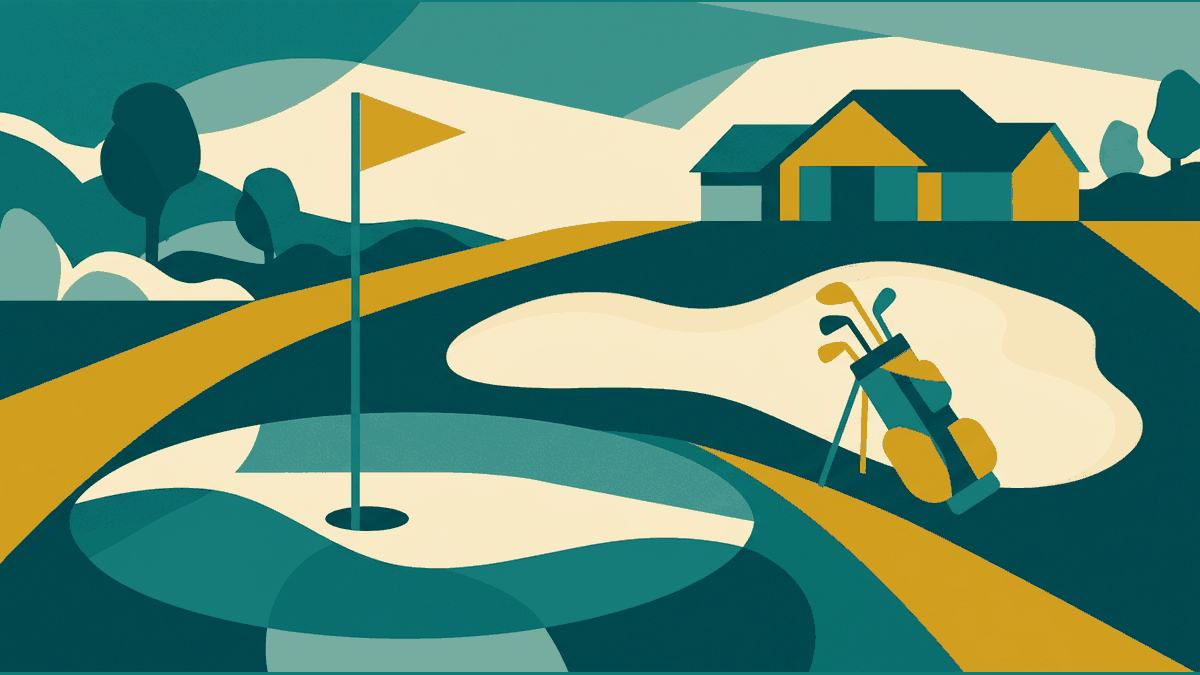 Flat illustration of a golf green, a flag, a sand bunker, a golf bag and a clubhouse, deep teal and gold