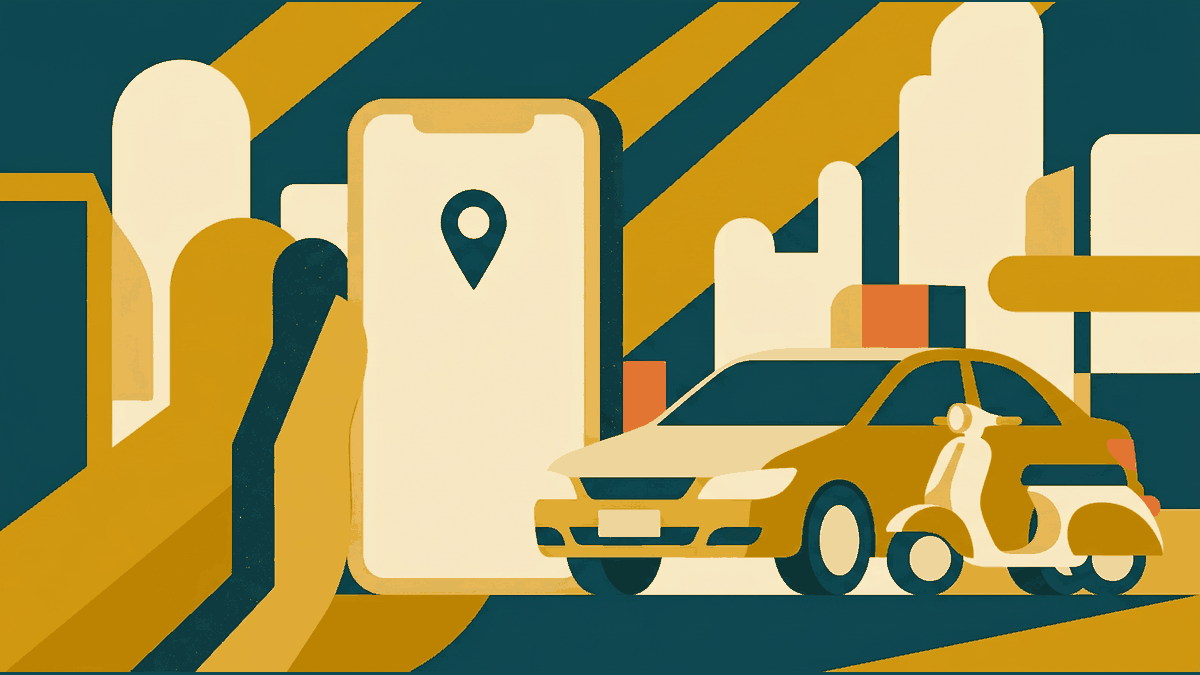 Flat illustration of a phone with a map pin, a car and a scooter on a city street, deep teal and gold