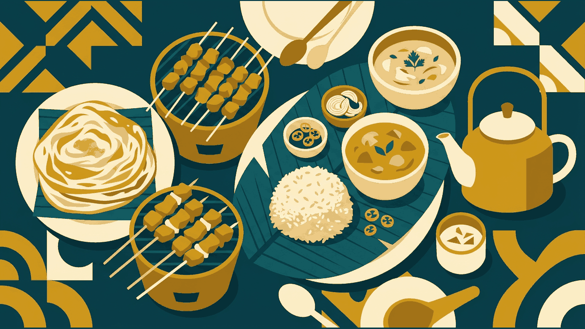 Flat illustration of roti canai, satay skewers and a banana-leaf plate, deep teal and gold