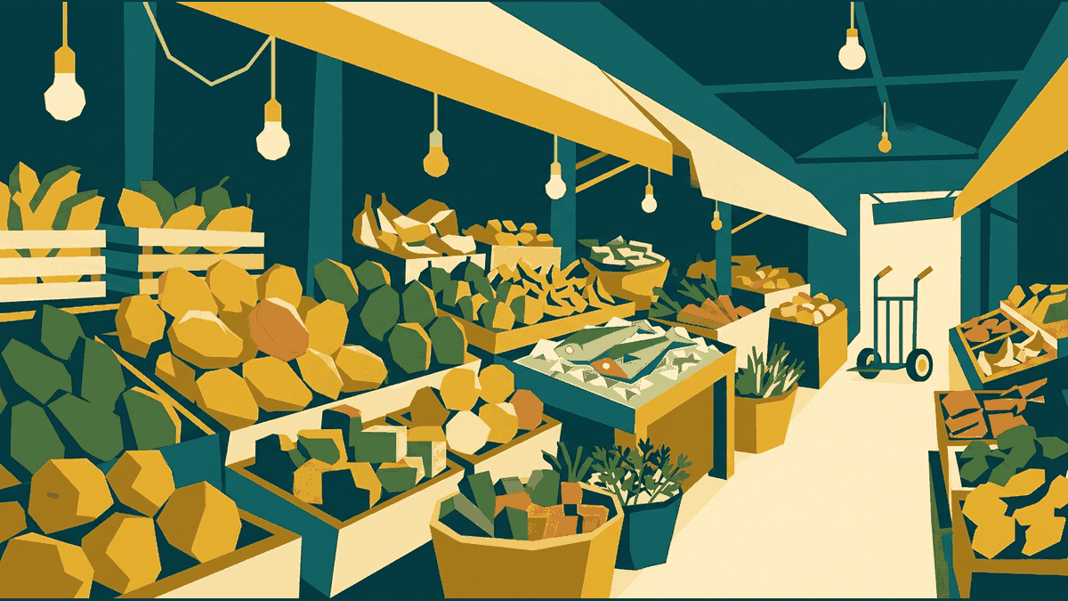 Flat geometric illustration of a busy covered market aisle with stacked fruit, baskets of vegetables, a fish slab on ice and hanging lamps, deep teal, mustard and cream