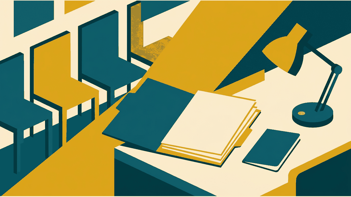 Flat illustration of an application form, a document folder, a queue of seats and a desk, deep teal and gold