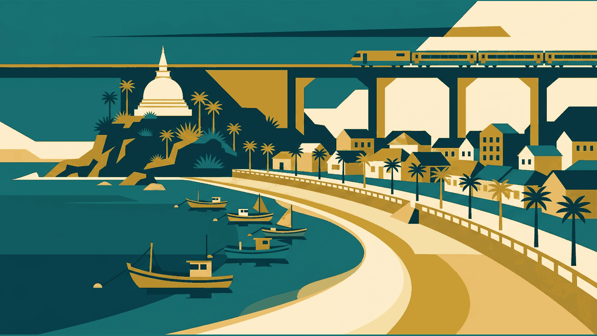 Flat illustration of a seaside town with a long beach, fishing boats and palm trees, deep teal and gold