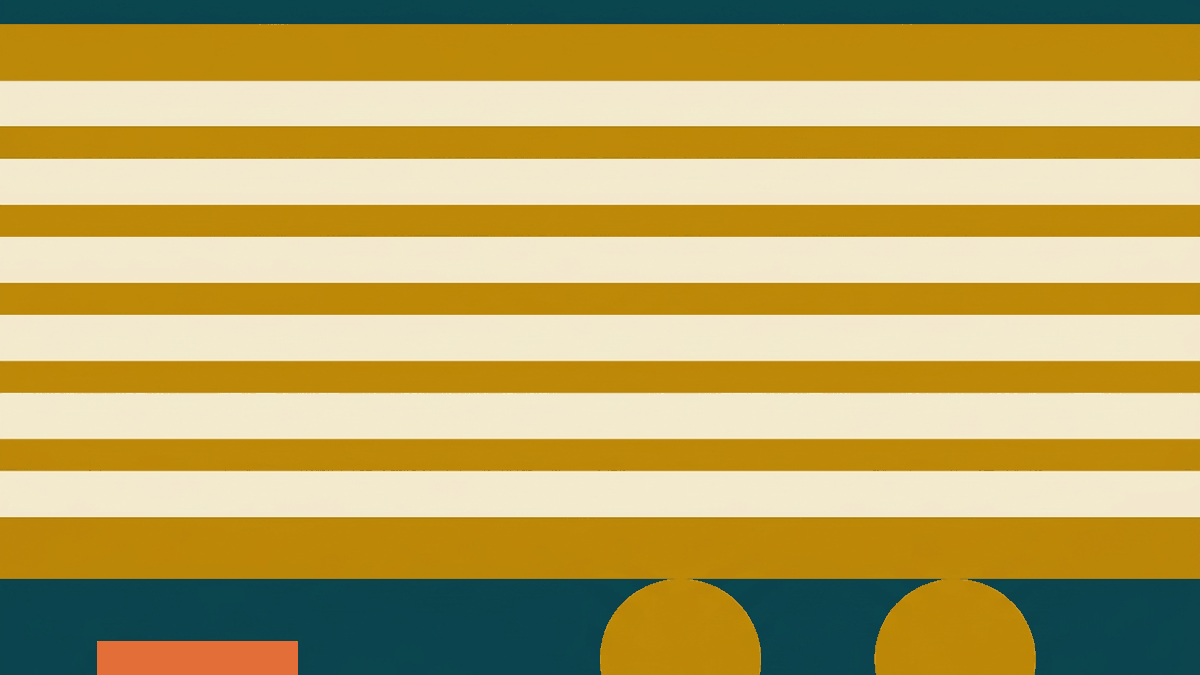 Flat illustration of a long distance coach bus at a terminal with a ladder of coloured seat tiers, deep teal and gold