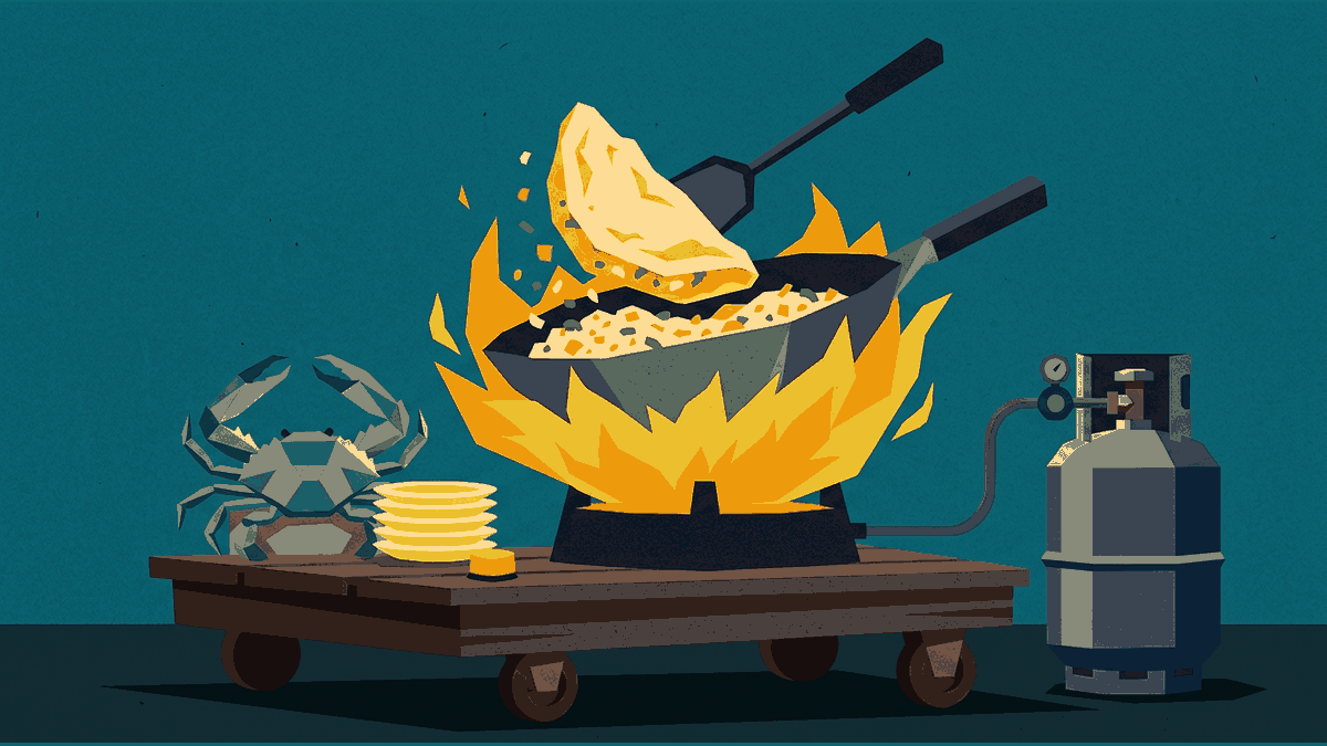 Flat geometric illustration of a charcoal street-food wok with a folded omelette, a small chalk sign, a crab shape and a large cooking pot, deep teal, mustard and cream