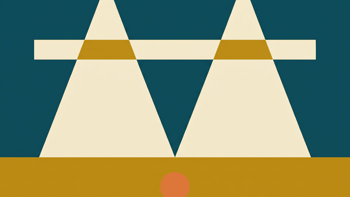 Flat illustration of a steel railway bridge over a wide brown river with limestone karsts behind, deep teal and gold