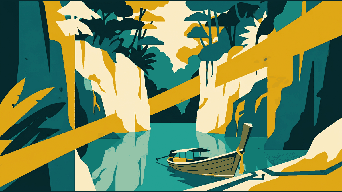 Flat illustration of a jade pool between limestone cliffs, a longtail boat and rainforest canopy, deep teal and gold