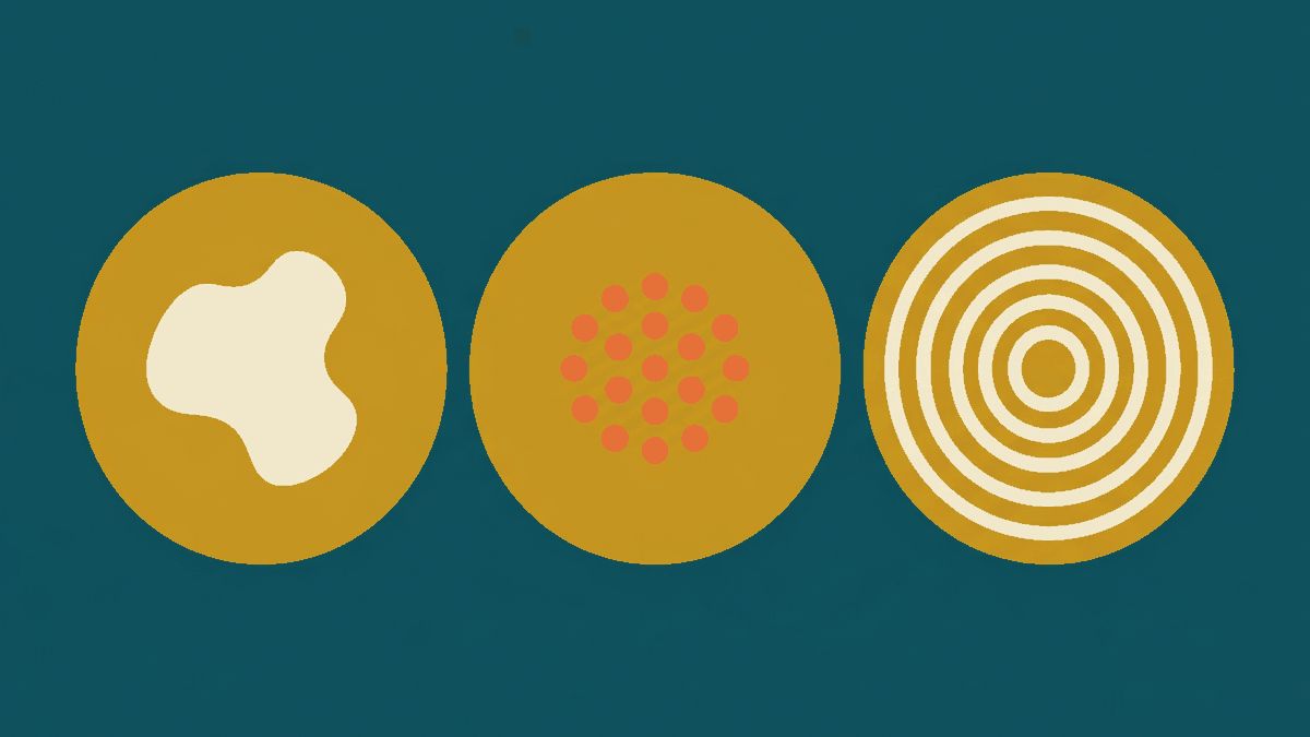 Flat illustration of three islands seen from a boat with a longtail, showing a quiet beach, a full moon party crowd and a diver, deep teal and gold