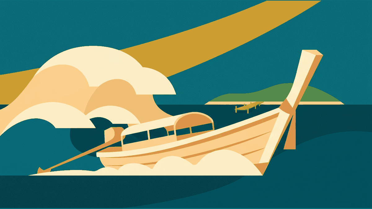 Flat illustration of a longtail boat speeding over layered waves toward a small island with a jetty, deep teal and gold