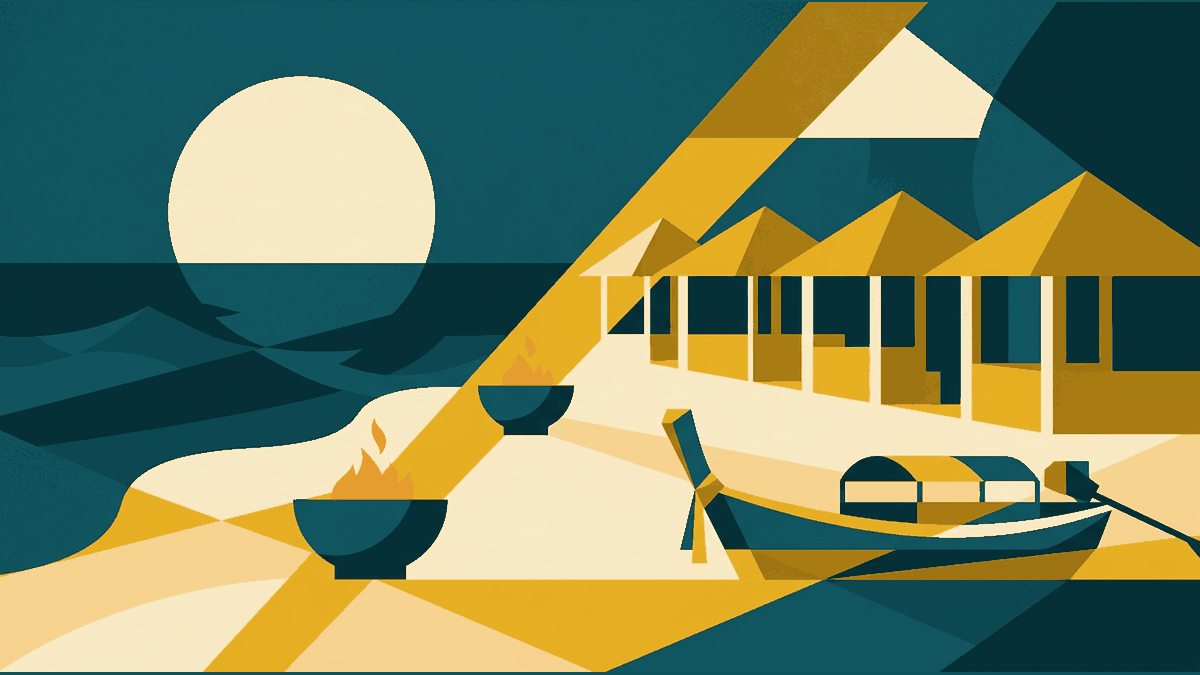 Flat illustration of a beach bar, a full moon, a fire bowl and a longtail boat, deep teal and gold