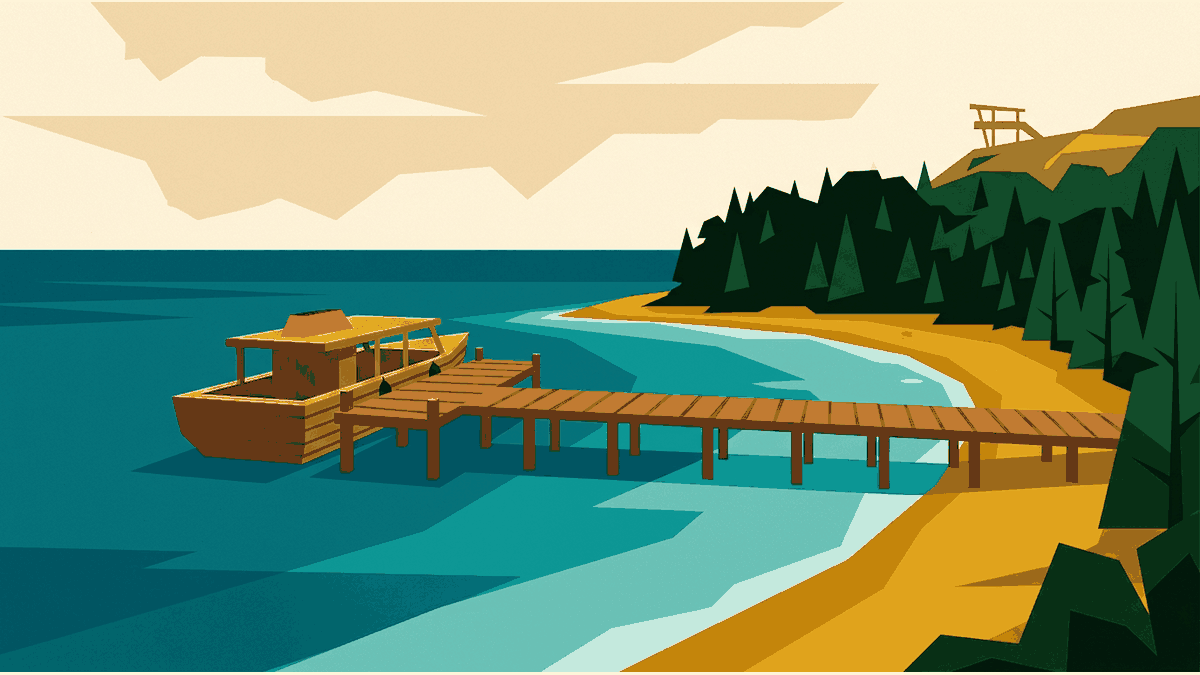 Flat geometric illustration of a wooden pier meeting turquoise water, several small beaches along a green headland and a wooden ferry boat, deep teal, mustard and cream