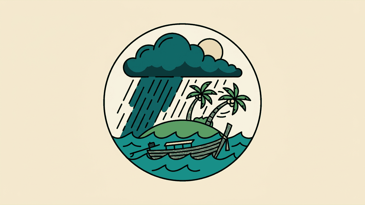 Flat illustration of Koh Samui in November: monsoon rain bands over a Gulf island with palm trees and a moored boat, deep teal, mustard and warm cream