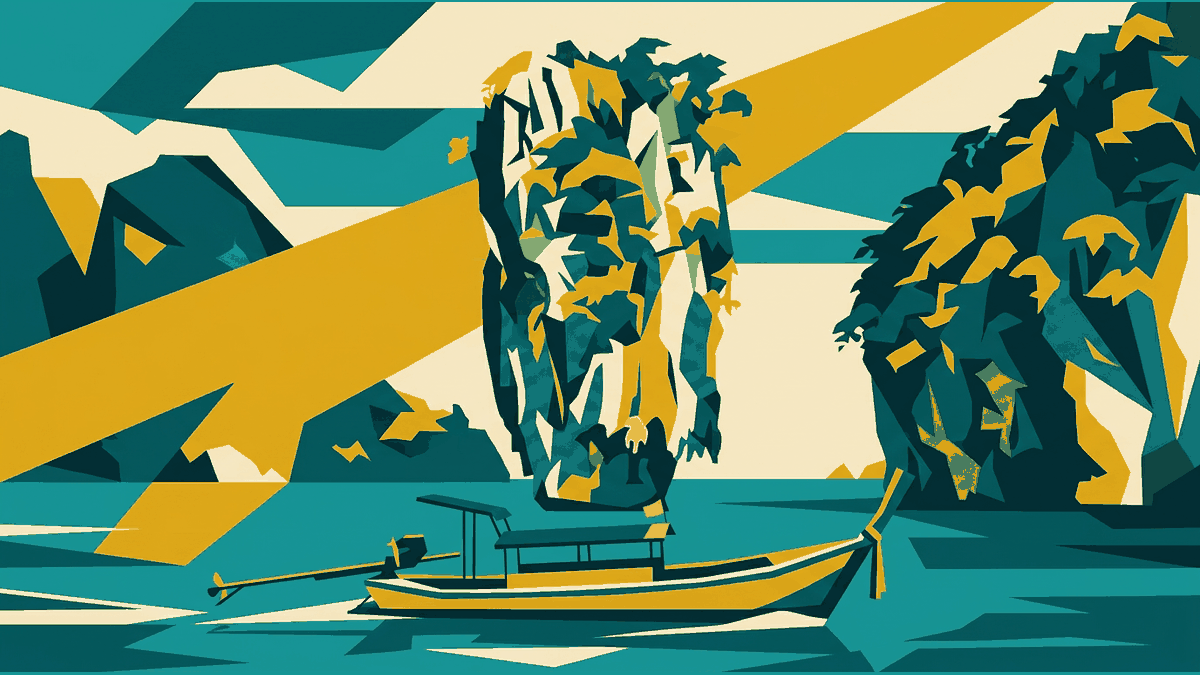 Flat illustration of a limestone karst tower rising from turquoise water, a longtail boat and a cave mouth, deep teal and gold