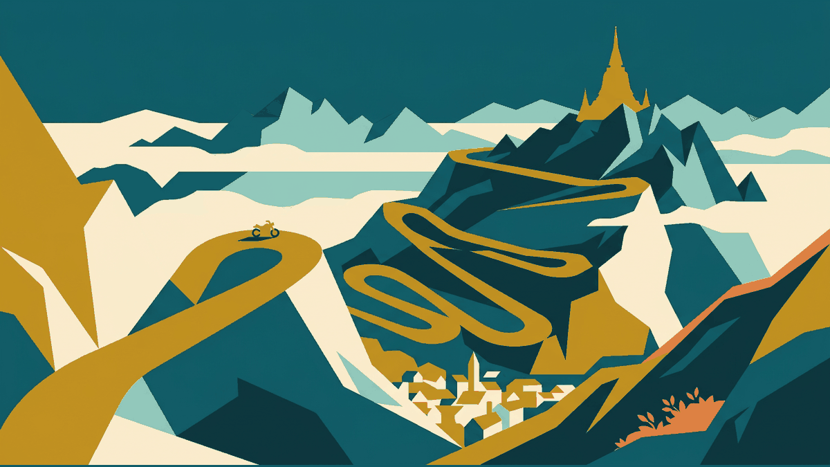 Flat illustration of a winding mountain road with a viewpoint, mist layers and a small town below, deep teal and gold