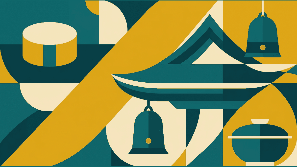 Flat illustration of a meditation cushion, a temple roof, a bell and a simple meal bowl, deep teal and gold
