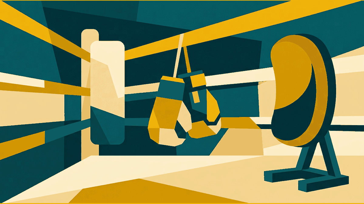 Flat illustration of a training ring, gloves on a rope, a kicking pad and a temple roof, deep teal and gold