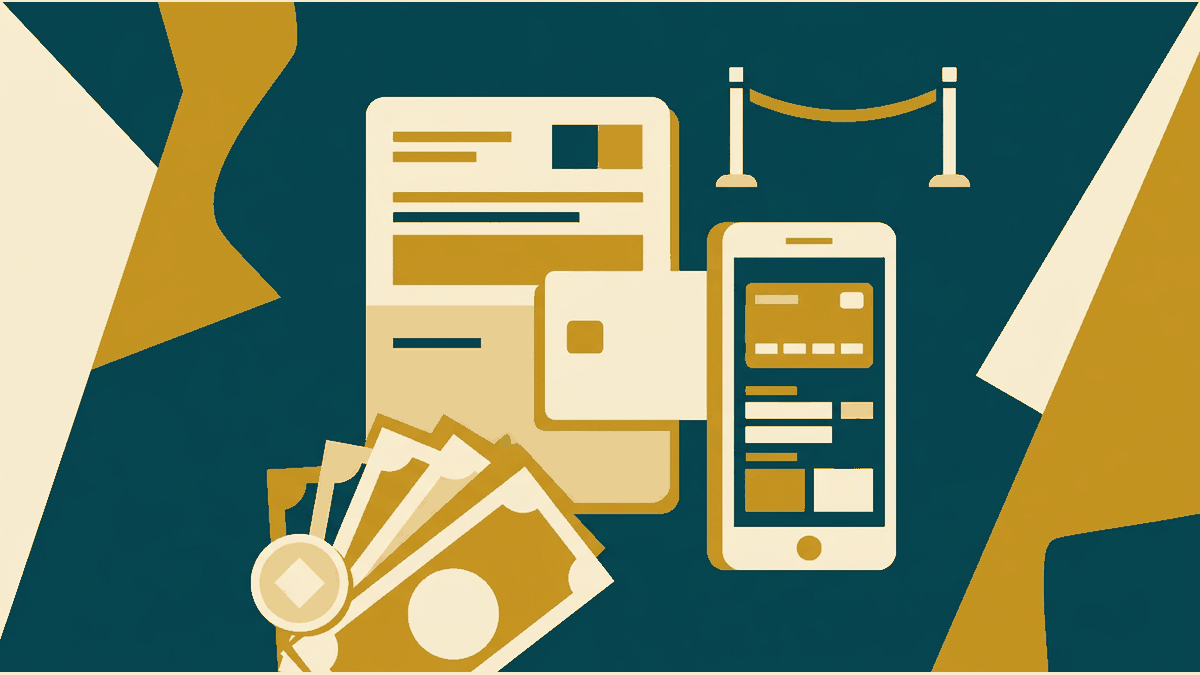 Flat illustration of a bank passbook, a debit card and a mobile banking phone, deep teal and gold