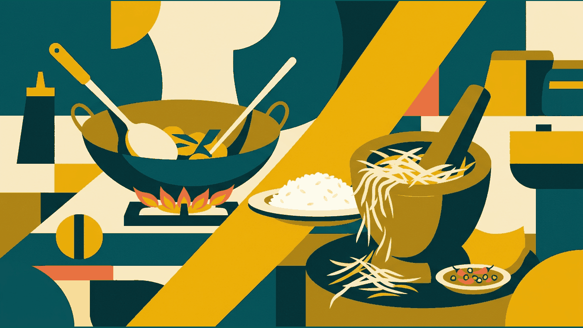 Flat illustration of a wok of stir fried basil and rice, a mortar and pestle, eggs and a chili dish, deep teal and gold