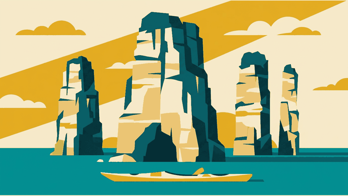 Flat illustration of tall limestone karst pillars rising from the sea, a sea kayak and a cave mouth, deep teal and gold
