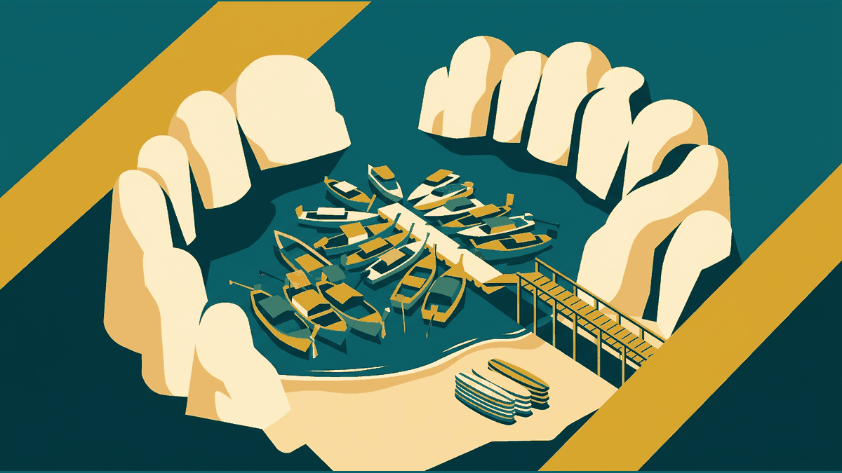 Flat illustration of a limestone cliff ring, a bay with a crowd of boats and a longtail boat at a pontoon, deep teal and gold