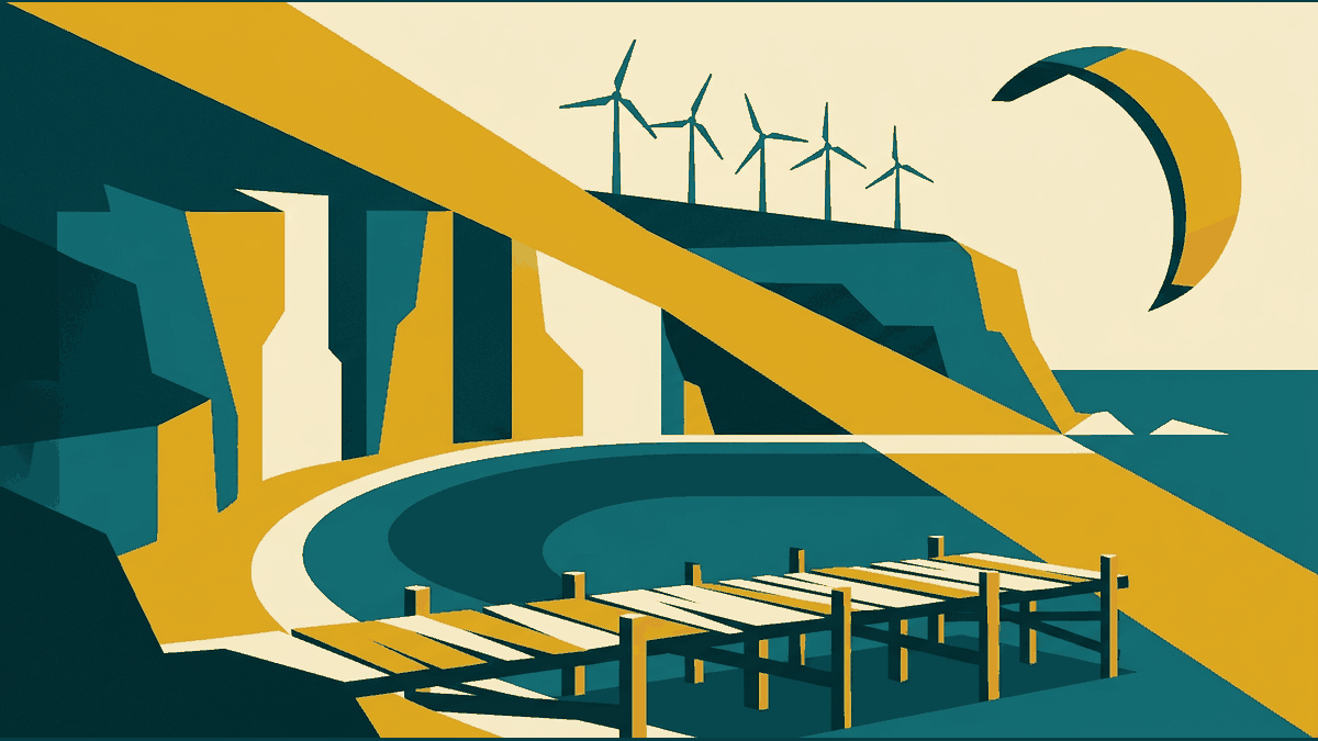 Flat illustration of limestone cliffs above a bay, a kite in the wind, a fishing pier and windmills, deep teal and gold