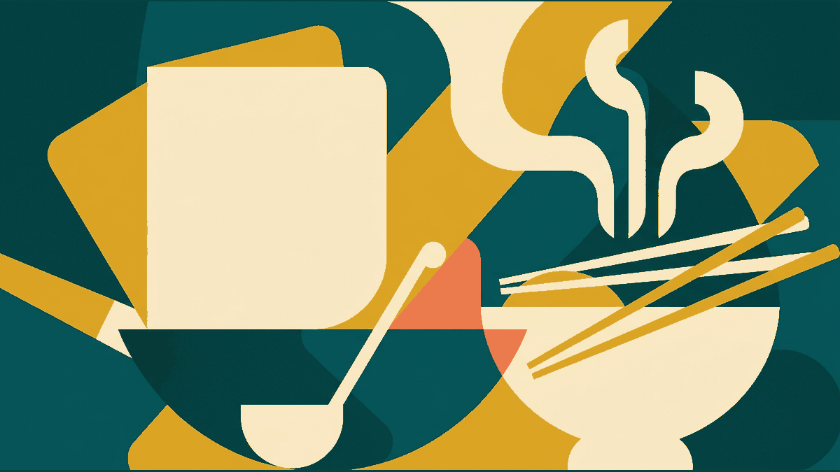 Flat illustration of a menu card, a wok, chopsticks and a bowl of noodles with steam shapes, deep teal and gold